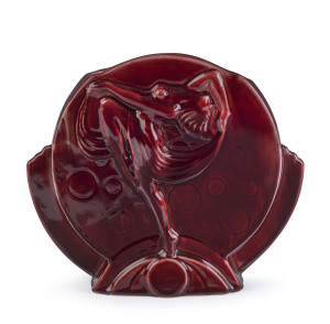 MCP (MINGAY POTTERY) Art Deco vase with burgundy glaze, circular factory mark to base, 22cm high, 25cm wide