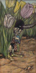 ARTIST UNKNOWN (early 20th century), goblin and tulips, painted on silk, 9 x 4.5cm