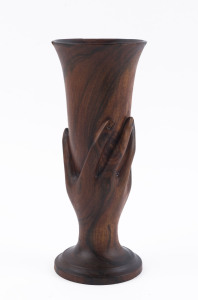 "Souvenir From Pitcairn Island" carved wooden hand with cup, early to mid 20th century, stamped on the base "Made By Elwyn Christian" ​24cm high