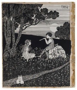 ROBERT REYNOLDS, A pair of pen & ink illustrations in the style of Ida Rentoul Outhwaite; one depicts a boy playing a flute for a girl in a woodland setting; the other, a boy and girl exploring a garden, having discovered a winged nymph. (2) each approx. 