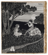 ROBERT REYNOLDS, A pair of pen & ink illustrations in the style of Ida Rentoul Outhwaite; one depicts a boy playing a flute for a girl in a woodland setting; the other, a boy and girl exploring a garden, having discovered a winged nymph. (2) each approx.