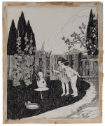 ROBERT REYNOLDS, A pair of pen & ink illustrations in the style of Ida Rentoul Outhwaite; one depicts a boy playing a flute for a girl in a woodland setting; the other, a boy and girl exploring a garden, having discovered a winged nymph. (2) each approx. - 2