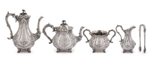 A PRESENTATION SILVER TEA & COFFEE SERVICE - FROM THE ESTATE OF JAMES SERVICE (1823 - 1899), 12th PREMIER OF VICTORIA : An ornate five-piece service by Martin Hall & Co (Sheffield, 1860; additionally marked for the importers, Kilpatrick & Co of Queen Stre