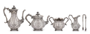 A PRESENTATION SILVER TEA & COFFEE SERVICE - FROM THE ESTATE OF JAMES SERVICE (1823 - 1899), 12th PREMIER OF VICTORIA : An ornate five-piece service by Martin Hall & Co (Sheffield, 1860; additionally marked for the importers, Kilpatrick & Co of Queen Street, Melbourne) with lengthy engraved endorsement to the elaborately decorated coffee pot "PRESENTED to the Honb'le JAMES SERVICE J.P., M.L.A. by the inhabitants of EMERALD HILL