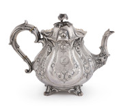 A PRESENTATION SILVER TEA & COFFEE SERVICE - FROM THE ESTATE OF JAMES SERVICE (1823 - 1899), 12th PREMIER OF VICTORIA : An ornate five-piece service by Martin Hall & Co (Sheffield, 1860; additionally marked for the importers, Kilpatrick & Co of Queen Stre - 3