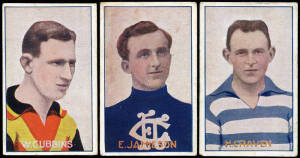 1922 Thorp's Chocolate Fudge "Football Captains" [11/19 known], comprising P.Daykin (Brighton), E.Jameson (Carlton), T.Drummond (Collingwood), S.Barker (Essendon), C.Lethbridge (Fitzroy), H.Craven (Geelong), P.Wilson (Melbourne), G.Rawle (Nth Melb), L.A.D