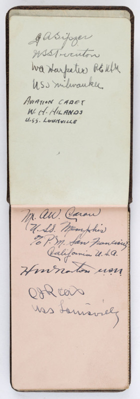 A leather-bound autograph book containing HUBERT WILKINS (Feb.1939), HUBERT OPPERMAN (circa 1938), numerous Australian, Royal & U.S. Naval personnel, etc. 