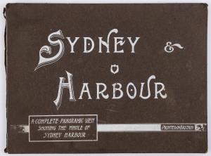 "SYDNEY & HARBOUR : A Complete Panoramic View showing the whole of Sydney Harbour : Printed in Britain", circa 1900; Oblong 8vo. in original brown boards with white title to front cover. Photographic b/w view of Sydney and Harbour measuring 260 x 21.5cm f