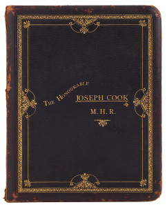 A SPECTACULAR & IMPORTANT ILLUMINATED PRESENTATION FOLIO TO JOSEPH COOK, M.H.R. A bi-fold, leather-bound presentation, with gilt embossed decorations and addressed to THE HONOURABLE JOSEPH COOK, M.H.R. on the front cover. Internally, a hand-painted and le