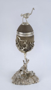 An emu egg cup and cover with silver plated mounts, most likely English, late 19th century, ​39cm high