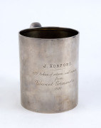 J.M. WENDT Australian silver tankard engraved "J. HURFORD, A Token Of Esteem And Respect From Viscount Gormanston, 1899", stamped "J.M. WENDT Jeweller & Silversmith, Adelaide and Broken Hill", late 19th century, 11cm high, 13cm wide, 372 grams