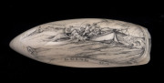 A scrimshaw whale's tooth titled "Going On" with whaling scene, signed Tonkin, 20th century, ​14.5cm long