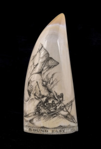 A scrimshaw whale's tooth titled "Sound Fast" with whaling scene, signed Tonkin, 20th century, ​13.5cm high