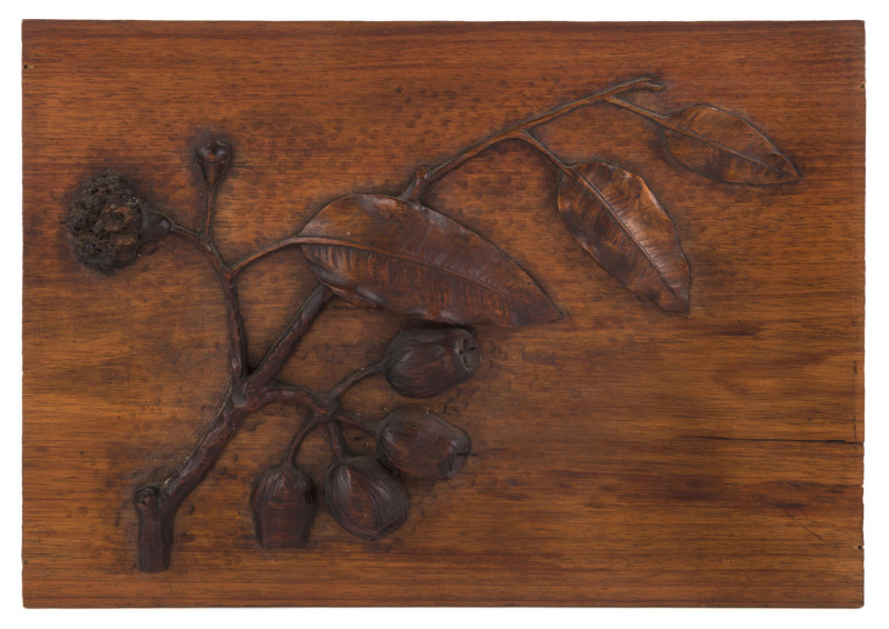 ROBERT PRENZEL, gumnuts, blossoms and leaves, carved blackwood, early 20th century, most likely a panel removed from a piece of furniture, ​impressed stamp lower right "Robert Prenzel" (possibly added later), 30 x 41cm