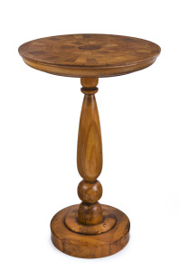 A New Zealand specimen wood circular occasional table, early to mid 20th century, pokerwork inscription on underside "Sovereign Native Woods New Zealand, Totara Knot Centre", ​49cm high, 31cm diameter