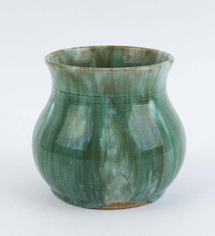 JOHN CAMPBELL green glazed pottery vase, incised "John Campbell, 1934, B24", 13.5cm high, 15cm wide