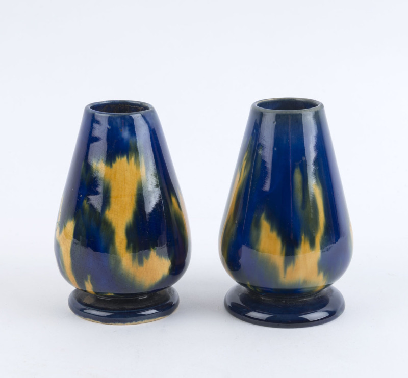 McHUGH pair of pottery vases with blue and yellow glazes, incised "McHugh, Tasmania, 1935", ​11cm high