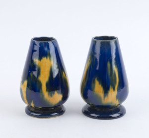 McHUGH pair of pottery vases with blue and yellow glazes, incised "McHugh, Tasmania, 1935", 11cm high