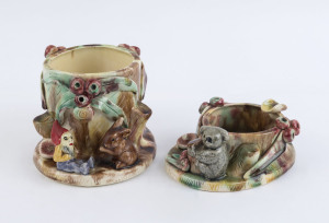 Two Australian pottery tree stump vases decorated with applied mushrooms, koala, gnome and rabbit, the larger 10cm high, 16cm wide