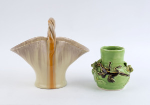 REMUED pottery basket vase together with a green glazed lizard vase, (2 items), the Remued 22cm high