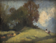 WILLIAM BECKWORTH McINNES (ATTRIBUTED), figure in landscape, oil on board, 26 x 33cm