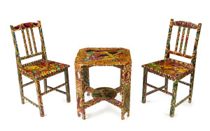 GREGORY JOHN (GREG) IRVINE (1947-), Three Piece Cafe Setting, painted timber, signed underside "Irvine", the table 59cm high