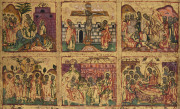 A fine Greek (probably Asia-Minor) icon, depicting the Twelve Great Feasts of the Orthodox Church hand-painted on wooden panel with gilt background; inscribed at base "By the hand of the monk Theophilos of Chaldia", circa 1800, 43.5 x 32.5cm. - 3