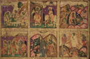 A fine Greek (probably Asia-Minor) icon, depicting the Twelve Great Feasts of the Orthodox Church hand-painted on wooden panel with gilt background; inscribed at base "By the hand of the monk Theophilos of Chaldia", circa 1800, 43.5 x 32.5cm. - 4