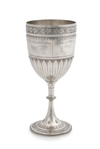 A sterling silver presentation goblet of substantial proportions; by Richardson & Brown of London, circa 1878 and retailed in Australia by Flavelle Bros & Roberts. The cup is of Tasmanian provenance and is engraved for Private W.J. GABRIEL 1895 and Sergea