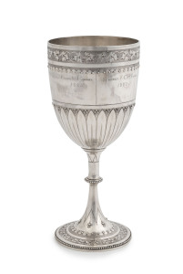 A sterling silver presentation goblet of substantial proportions; by Richardson & Brown of London, circa 1878 and retailed in Australia by Flavelle Bros & Roberts. The cup is of Tasmanian provenance and is engraved for Private W.J. GABRIEL 1895 and Sergeant C.H. PAYNE 1907, 1908 & 1909. 21.5cm tall, 140gms.