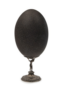 A Colonial Australian silver mounted emu egg ornament in the form of Atlas supporting the world, 19th century, not marked, 19cm high.
