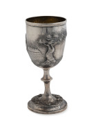 WILLIAM EDWARDS Cricket trophy cup, superb repoussé decoration with a cricketer and tent pavilions in Australian landscape. With remains of gilt wash interior, Melbourne, 19th century, stamped "W. E." with emu and kangaroo, 18cm high - 2