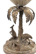 WILLIAM EDWARDS Colonial silver mounted emu egg goblet, spectacularly adorned with kangaroo and emu amongst landscape and fern foliage, interior with original gilt wash finish, Melbourne, 19th century, stamped "W. E." with emu and kangaroo marks, 19.5cm h - 2