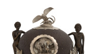 J. M. WENDT rare Australian silver mounted emu egg inkwell on timber plinth, adorned with Aboriginal figures, cockatoo finial and mirrored inset cartouche with kangaroo and emu in landscape decorated with fern fronds, South Australia origin, 19th century, - 5