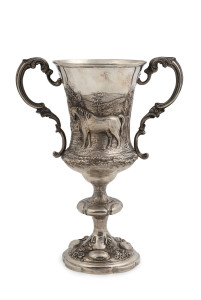 WILLIAM EDWARDS (attributed) Colonial silver trophy cup adorned with fine repoussé horse in landscape, engraved "Northern Agricultural Society, 1875", 26.5cm high, 504 grams
