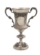 WILLIAM EDWARDS (attributed) Colonial silver trophy cup adorned with fine repoussé horse in landscape, engraved "Northern Agricultural Society, 1875", 26.5cm high, 504 grams - 2