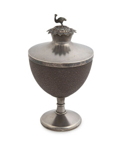 EDWARDS & KAUL (attributed) Australian silver mounted half emu egg with silver emu finial, circa 1880. William Edwards (famous for his fine repoussé work) and Alexander Kaul went in to partnership in Melbourne in 1873 and continued until 1892. 17cm high