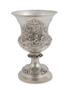 WILLIAM EDWARDS sterling silver trophy cup with floral repoussé decoration, engraved "Presented With A Watch And Chain, Henry Bayes Cotton Esq. In His Retirement From The Management Of The Bank Of New South Wales, Geelong, By Some Of Its Customers As A Sl