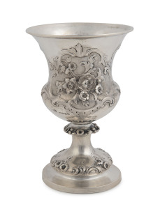 WILLIAM EDWARDS sterling silver trophy cup with floral repoussé decoration, engraved "Presented With A Watch And Chain, Henry Bayes Cotton Esq. In His Retirement From The Management Of The Bank Of New South Wales, Geelong, By Some Of Its Customers As A Slight Testimony Of Their Esteem And Regard, Geelong 1858". Sterling silver blank stamped for George Angel of London, 19cm high, 392 grams