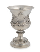 WILLIAM EDWARDS sterling silver trophy cup with floral repoussé decoration, engraved "Presented With A Watch And Chain, Henry Bayes Cotton Esq. In His Retirement From The Management Of The Bank Of New South Wales, Geelong, By Some Of Its Customers As A Sl - 2