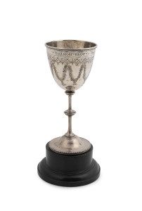 WILLIAM EDWARDS Colonial silver trophy decorated with swags and beadwork rim, 19th century, engraved "Ballarat Regatta, Won by W.B.R. Cledhill", stamped "W. Edwards, Melbourne", 15cm high, 120 grams