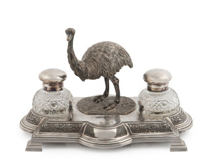 An attractive silver plated desk set adorned with emu and crystal ink bottles, made in Sheffield, England, 19th century, 21cm high, 32cm wide, 20cm deep