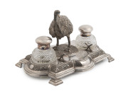 An attractive silver plated desk set adorned with emu and crystal ink bottles, made in Sheffield, England, 19th century, 21cm high, 32cm wide, 20cm deep - 2