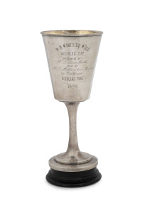 J. M. WENDT "Waterloo Cup" Colonial silver trophy cup, engraved "S. A. Coursing Club, Waterloo Cup, Presented By Mr T. Barr Smith, Won By Mr C. Mallen's Br D Mozart, By Faultfinder, Buckland Park, 1889", stamped "J. M. Wendt, Adelaide" with crown and lion