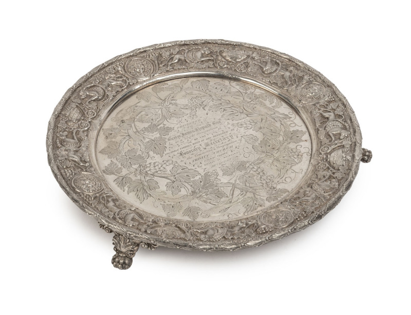 WILLIAM EDWARDS "Trinity Church, Melbourne" Australian silver salver decorated with grapevines and birds with a stunning neo-classical repoussé border, engraved "Presented To George James Shepard Esq. As A Light Recognition Of The Valuable Services Which