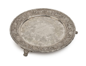 WILLIAM EDWARDS "Trinity Church, Melbourne" Australian silver salver decorated with grapevines and birds with a stunning neo-classical repoussé border, engraved "Presented To George James Shepard Esq. As A Light Recognition Of The Valuable Services Which 