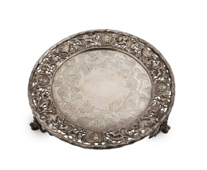WILLIAM EDWARDS Australian silver salver engraved with grapes and vines and a stunning neo-classical pierced and repoussé border, circa 1860, stamped "W. E. Sterling Silver" with kangaroo and emu marks, further stamped "W. Edwards Manufacturer By Appointm