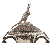 CHRISTIAN LUDWIG QVIST: A stunning pair of Australian silver mounted emu egg urns adorned with Aboriginal figures seated in strikingly natural poses with weapons and tools, kangaroos and an emu. A tour-de-force of Colonial silversmithing, museum quality. - 4