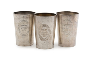 Three "MELBOURNE AMATUER REGATTA" Australian silver trophy beakers engraved "1923 Maiden Eights, Mercantiler R.C., R. Scott", "1926 Maiden Four Won By Essendon R.C., R.W. Scott No.3", and "1931 Junior Eights, Mercantiler R.C., R. Scott". Stamped "BRADSHA