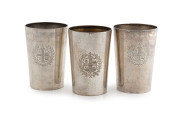 Three "MELBOURNE AMATUER REGATTA" Australian silver trophy beakers engraved "1923 Maiden Eights, Mercantiler R.C., R. Scott", "1926 Maiden Four Won By Essendon R.C., R.W. Scott No.3", and "1931 Junior Eights, Mercantiler R.C., R. Scott". Stamped "BRADSHA - 2